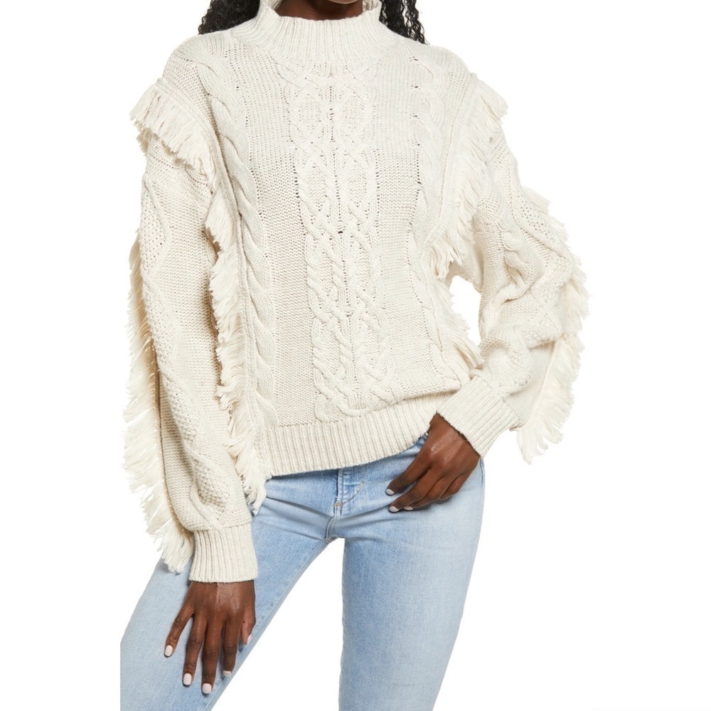 New Leith Cable Knit Fringe Sweater in Beige Oatmeal Light Heather